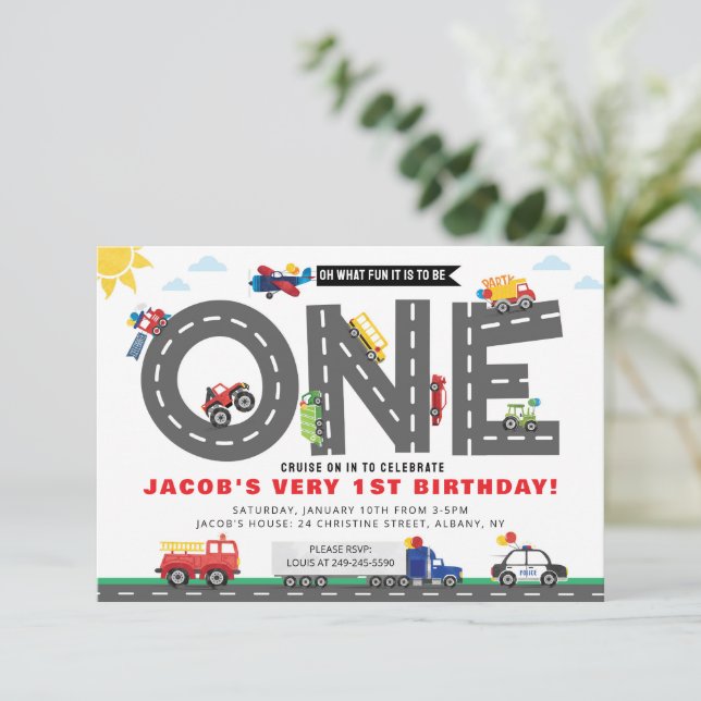 Invitación de transporte para el primer cumpleaños (Anverso de pie)