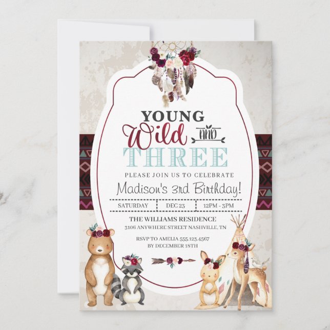 Invitación de tres cumpleaños para jóvenes silvest (Anverso)