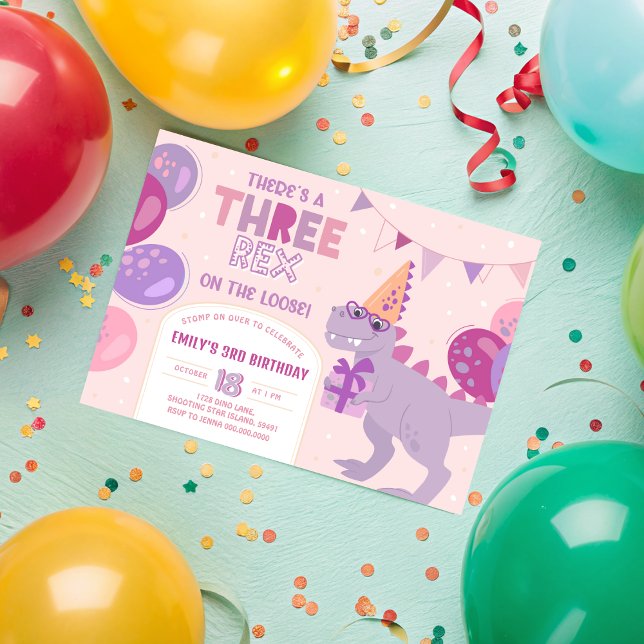 Invitación de Tres Rex Niña. Cumpleaños 3 T-Rex (Three Rex Girl Invitation. T-Rex 3rd Birthday Invitation
)