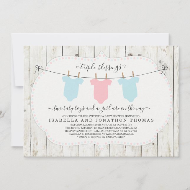 Invitación de trillizos a Baby Shower - 2 niños y  (Anverso)