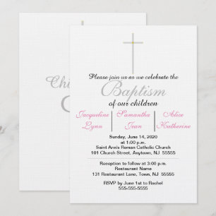 Invitación de trillizos rosa de bautismo