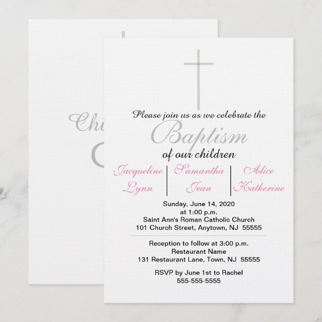 Invitación de trillizos rosa de bautismo (Anverso / Reverso)