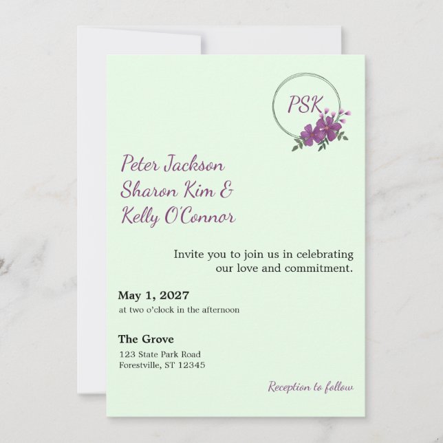 Invitación de triple unión con corona floral (Anverso)