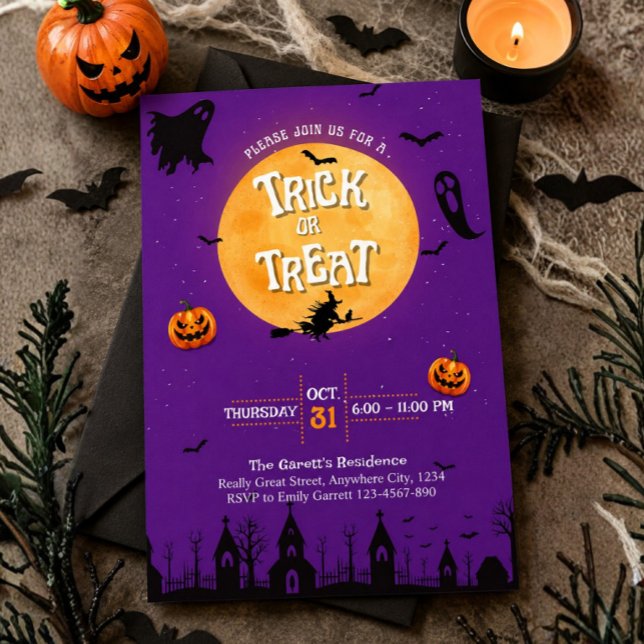 Invitación de Truco o Trato Fiesta de Halloween Mo (Purple Halloween Kids Trick or Treat Invitation )