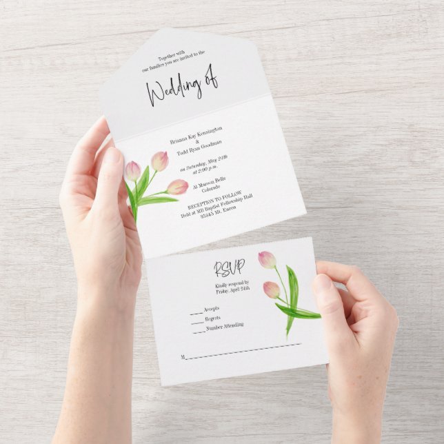 Invitación de tulipán acuarela rosa todo en uno (desgarro)