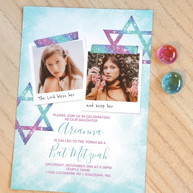 Invitación de Turquesa, Purpurina Rosa, Bat Mitzva (Cute turquoise, violet pink Star of David Bat Mitzvah invitations with photo collage layout)