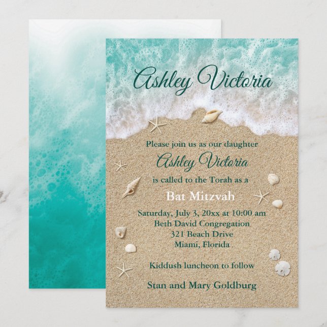 Invitación de Turquoise Beach Waves Bat Mitzvah (Anverso / Reverso)