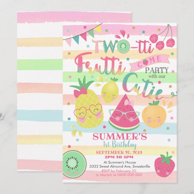Invitación de Twotti Frutti - 2do cumpleaños - (Anverso / Reverso)