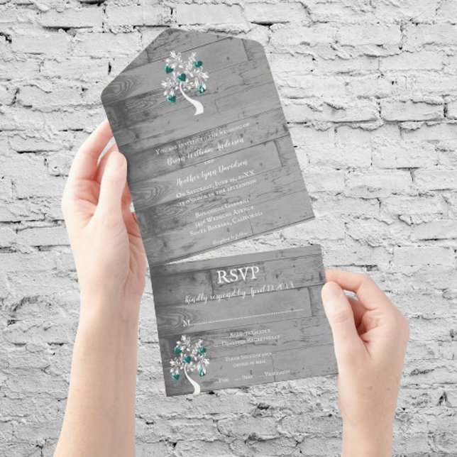 Invitación de un árbol verde azulado de corazones (Teal Tree of Hearts All in One Wedding Invite)