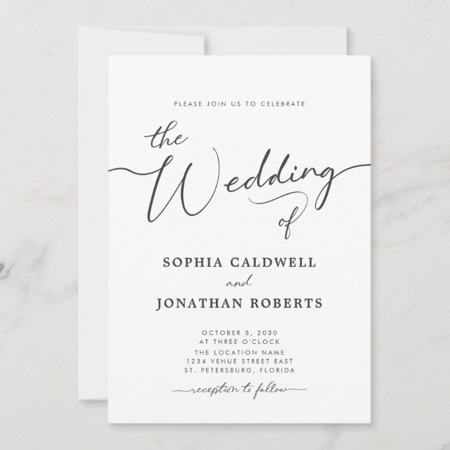 Invitación de un Boda de caligrafía gris de carbón (Anverso)