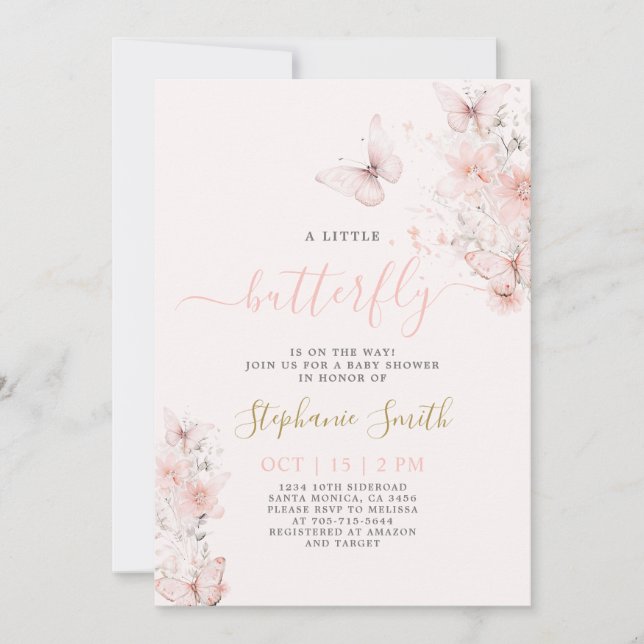 Invitación de un Chica Baby Shower de mariposa peq (Anverso)