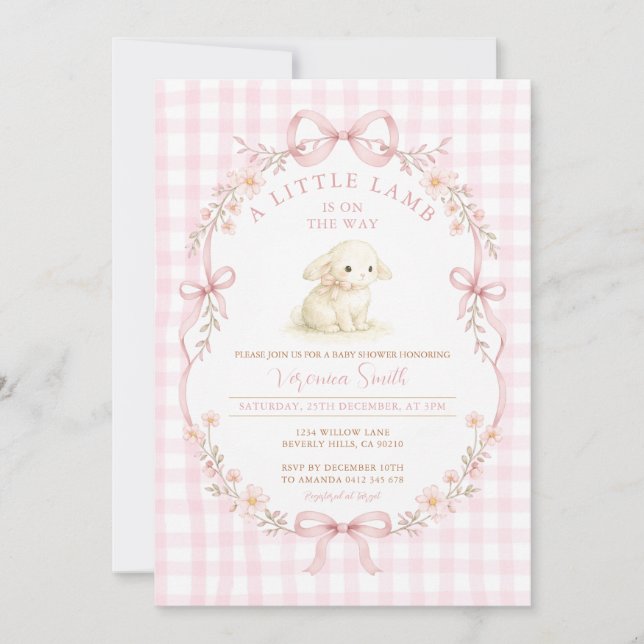 Invitación de Un Corderito Rosa en Camino (Anverso)