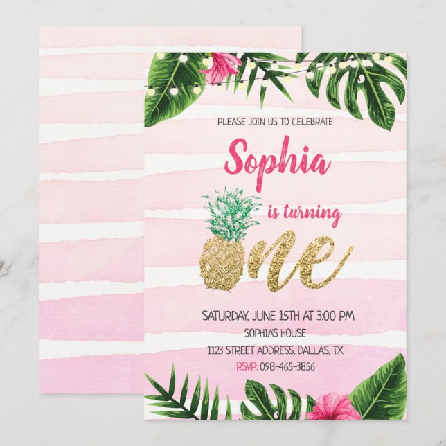 Invitación de un cumpleaños a Pink Aloha Gold (Anverso / Reverso)