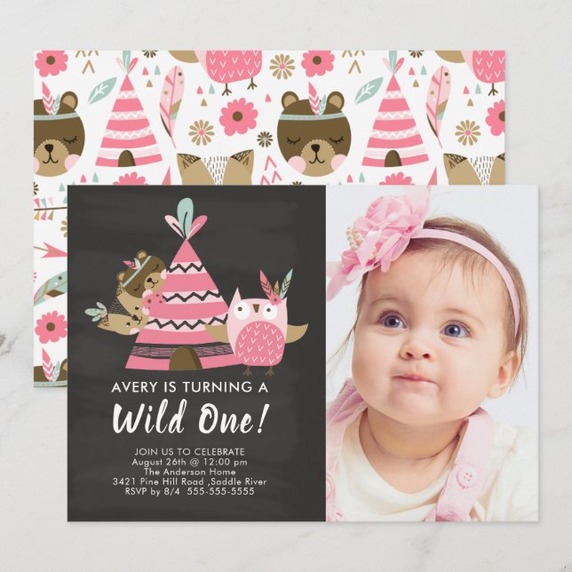 Invitación de un cumpleaños a Pink Teepee Wild (Anverso / Reverso)