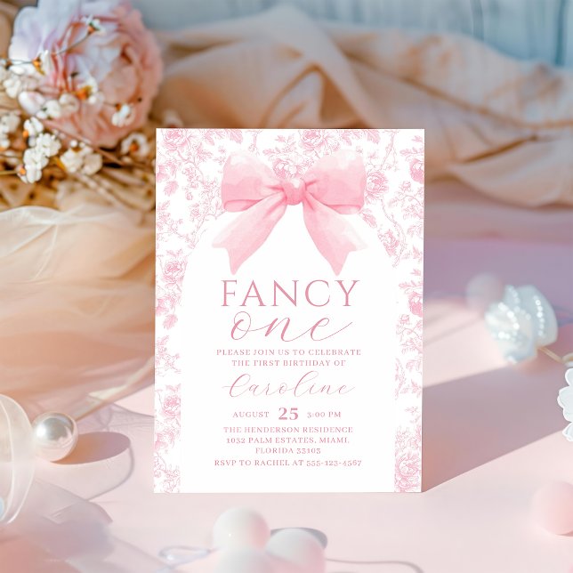 Invitación de un cumpleaños a Toile Pink Bow Fancy (Subido por el creador)