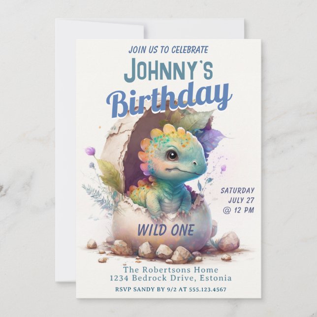 Invitación de un cumpleaños a un niño de dinosauri (Anverso)