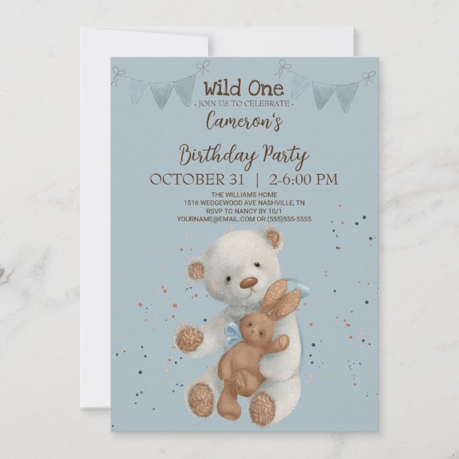 Invitación de un cumpleaños de oso blanco salvaje (Anverso)