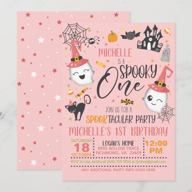 Invitación de un cumpleaños espeluznante - Rosa (Anverso / Reverso)