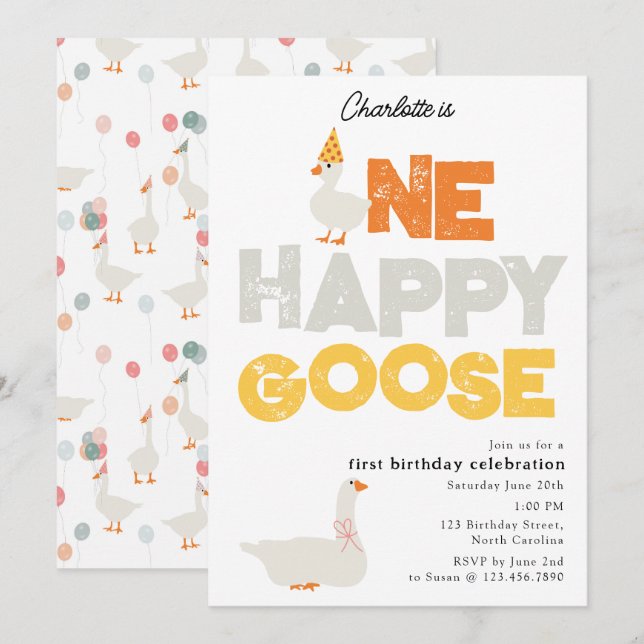 Invitación de un ganso feliz para el primer cumple (Anverso / Reverso)