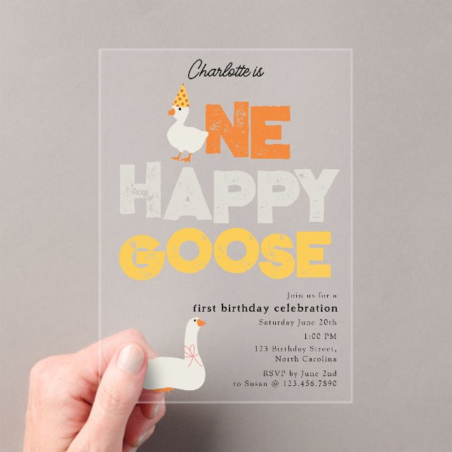 Invitación de un ganso feliz para el primer cumple (Insitu (portátil))