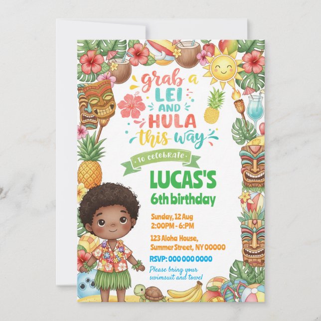 Invitación de un niño de cumpleaños de Hawái (Anverso)