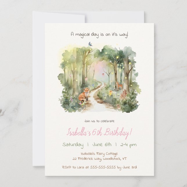Invitación de un niño por cumpleaños en un bosque  (Anverso)