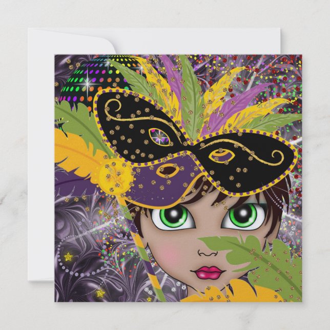 Invitación de un partido de disfraces de Mardi Gra (Anverso)