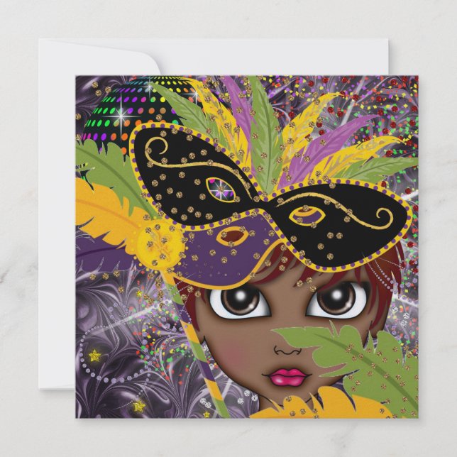 Invitación de un partido de disfraces de Mardi Gra (Anverso)