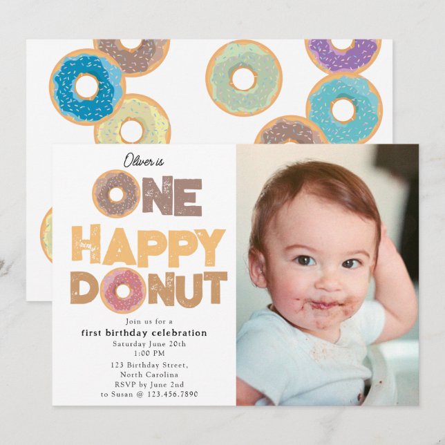 Invitación de una dona feliz para el primer cumple (Anverso / Reverso)