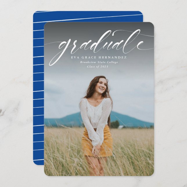 Invitación de una foto de graduado azul de guiones (Anverso / Reverso)
