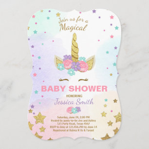 Invitación de unicornio a Baby Shower color dorado