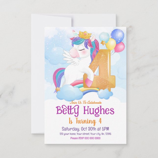 Invitación de Unicornio a los 4 cumpleaños (Anverso)