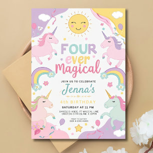 Invitación de unicornio a los 4 cumpleaños Rainbow