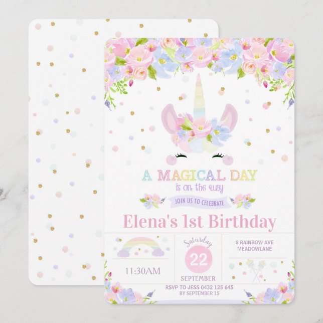 Invitación de unicornio a primer cumpleaños con ar (Anverso / Reverso)