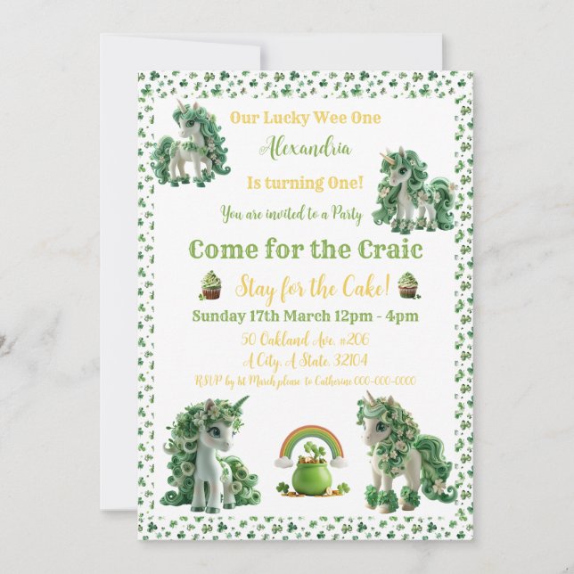 Invitación de unicornio afortunado del día de San  (Anverso)