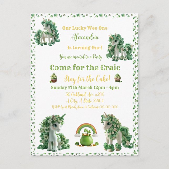 Invitación de unicornio afortunado del día de San  (Anverso)