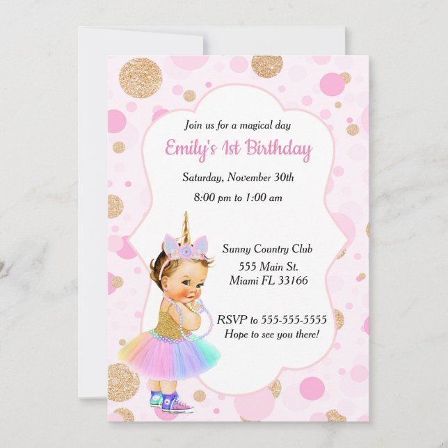 Invitación de unicornio al primer cumpleaños 1 (Anverso)