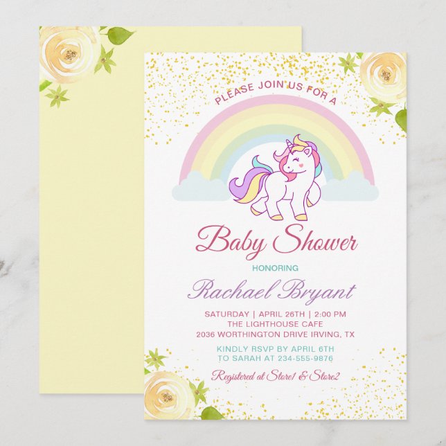 Invitación de unicornio baby shower amarilla y con (Anverso / Reverso)