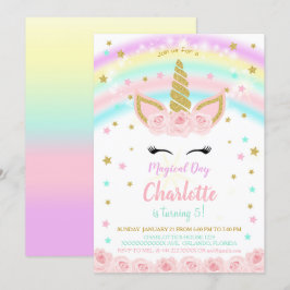 Invitación de Unicornio con Flores Rosas Arcoíris