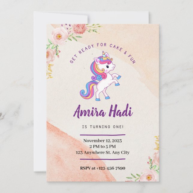 Invitación de unicornio de primer cumpleaños (Anverso)