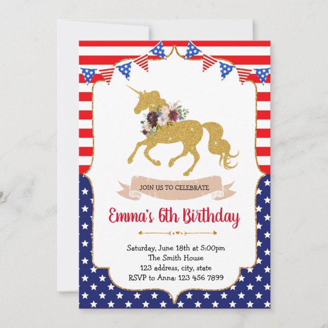 invitación de unicornio del 4 de julio (Anverso)