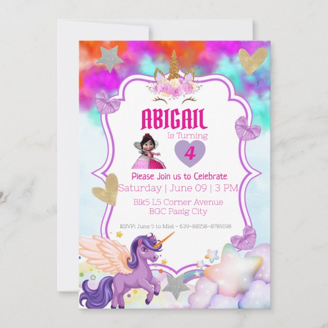 Invitación de Unicornio Mágico – Brillo Violeta y  (Anverso)