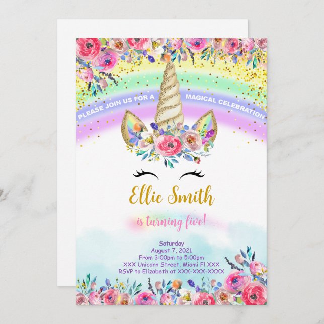 Invitación de Unicornio Mágico Rojo (Anverso / Reverso)