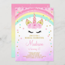 Invitación de Unicornio rosa con estrellas doradas