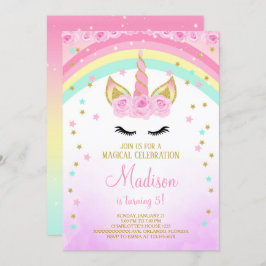 Invitación de Unicornio rosa con estrellas doradas