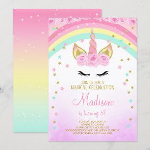 Invitación de Unicornio Rosa con Estrellas Doradas