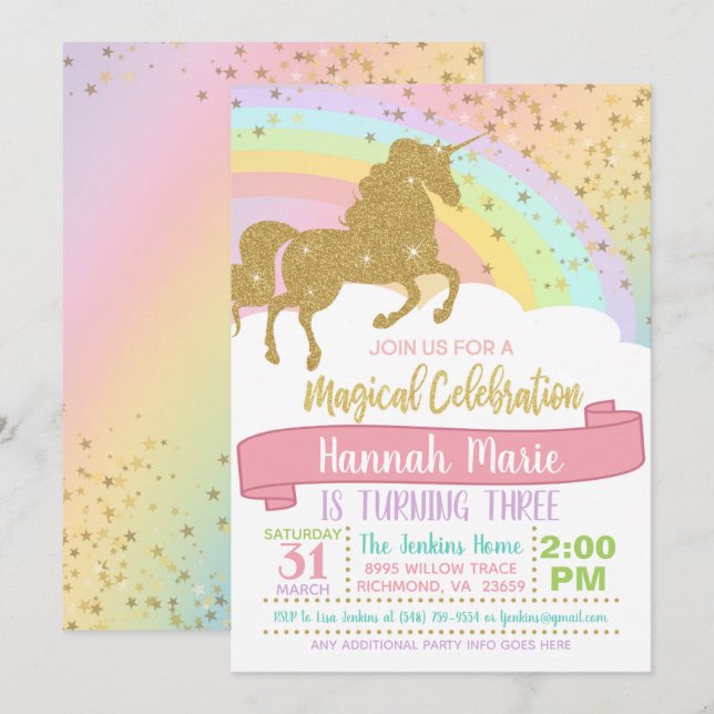 Invitación de Unicornio - Sobre el Arcoíris y Dest (Anverso / Reverso)