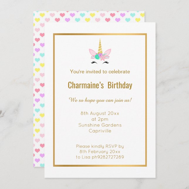 INVITACIÓN DE UNICORNIO SONRIENTE ARCOÍRIS CORAZÓN (Anverso / Reverso)