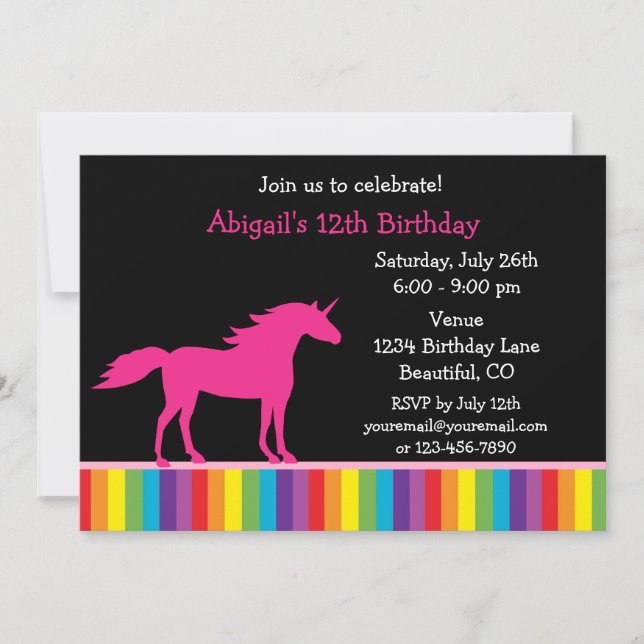 Invitación de unicornio y arcoiris a Chicas (Anverso)