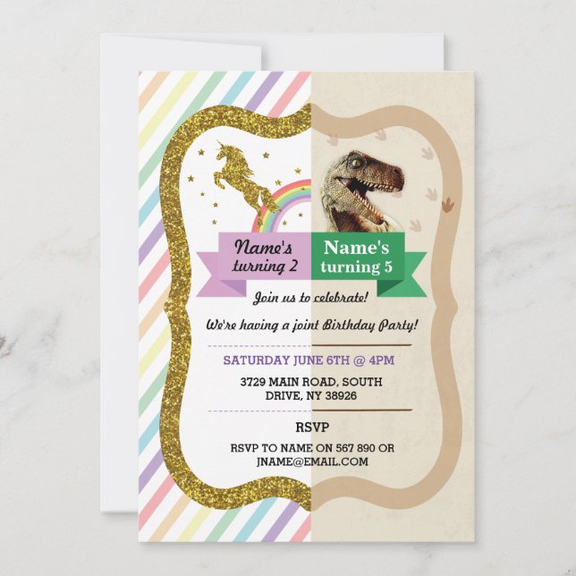 Invitación de unicornio y dinosaurios a niño chica (Anverso)